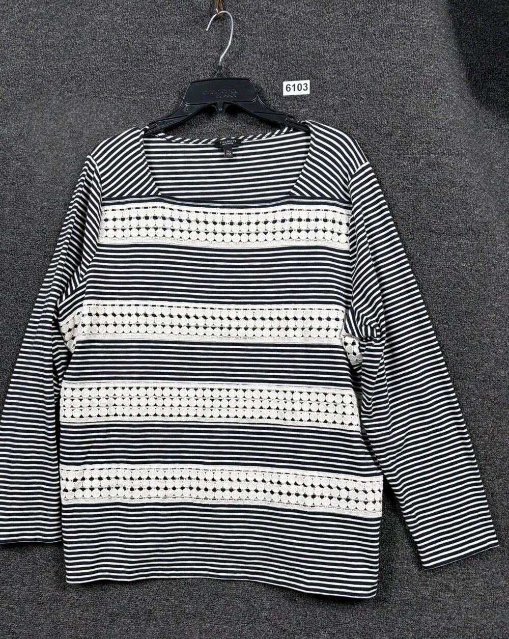 Talbots Shirt Top Womens Size 2XP Striped Lace Trim Stretch Round Neck